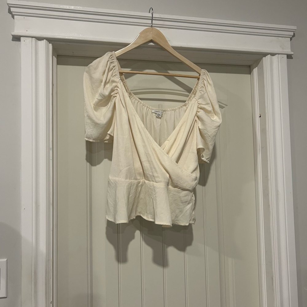American Eagle Outfitters Cream Puff Sleeve Wrap Blouse